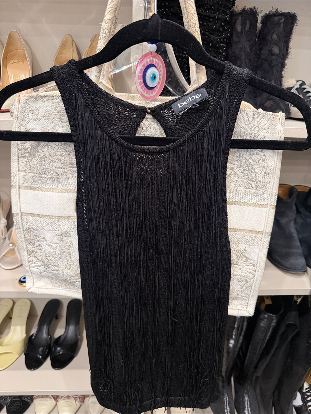 bebe Black Fringe Tank Top